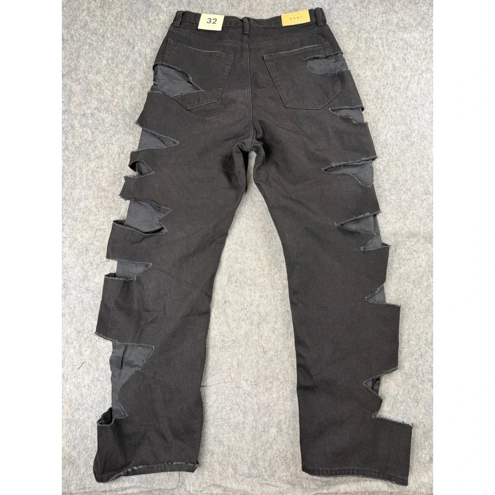 MNML D284 Distressed Jeans Mens 32 Black Cotton Cut Out Streetwear Grunge New